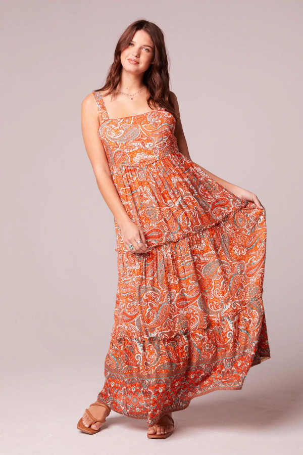 Alejandra Orange Paisley Tiered Maxi Dress - Band of Gypsies